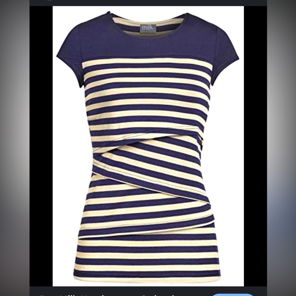 Milk Nursingwear Navy and Cream Striped Short Sleeve Top - Picture 1 of 11
